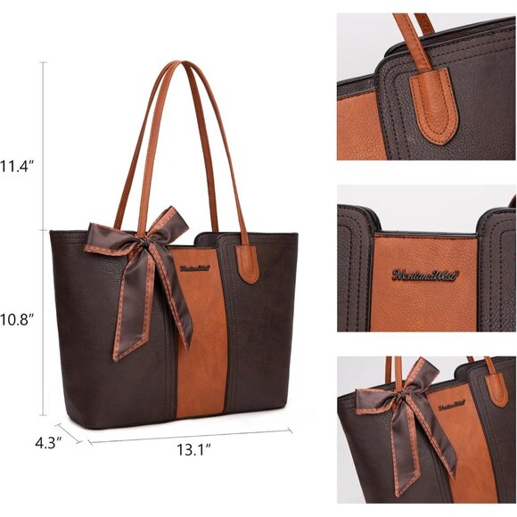 Women Orange Coffee Imported Vegan Leather Medium Top Handle Satchel Tote Bags - Picture 4 of 6